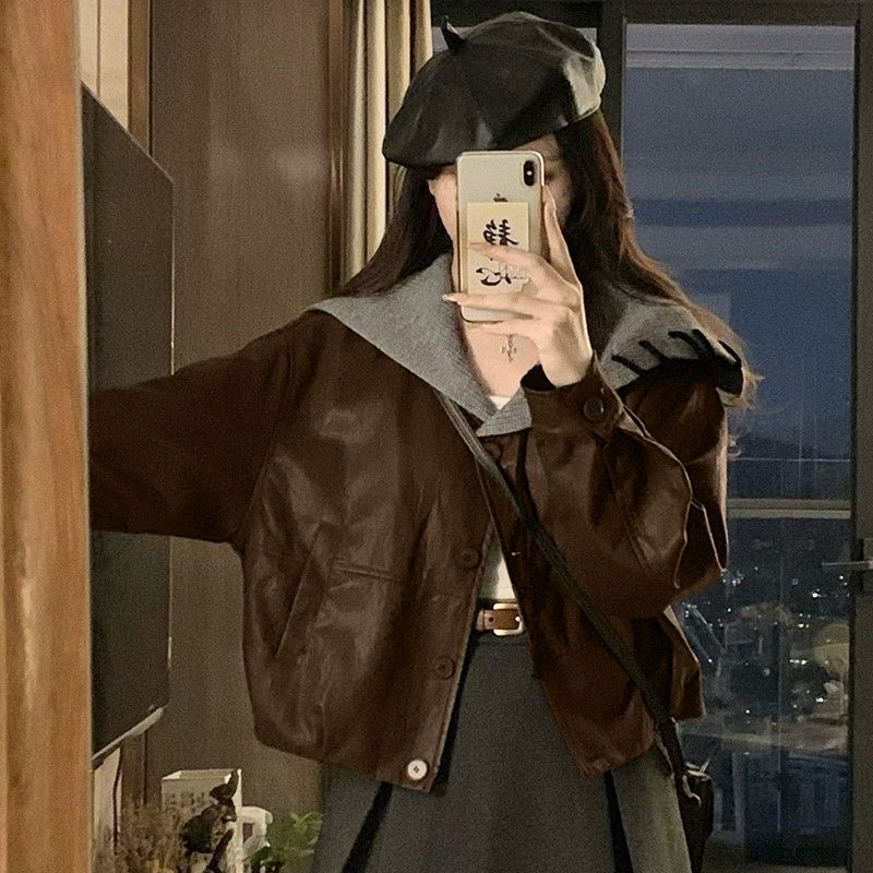 여성 빅사이즈 오버핏 루즈핏 크롭 후드 레더 자켓 점퍼 간절기 데일리 캐주얼 캠퍼스룩 아우터 봄 가을 코디 - 상세 이미지 3