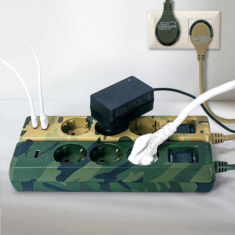러그박스 납작멀티탭 플러그 고용량 멀티콘센트 3구 C타입 USB 1.5m 카모 밀리터리 - 상세 이미지 4