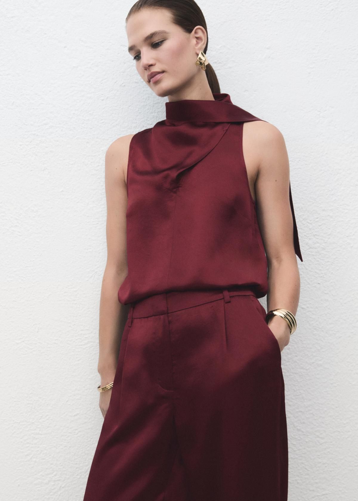 망고 버건디 새틴 와이드 팬츠 17087806 ROJO ANARANJADO - 상세 이미지 4