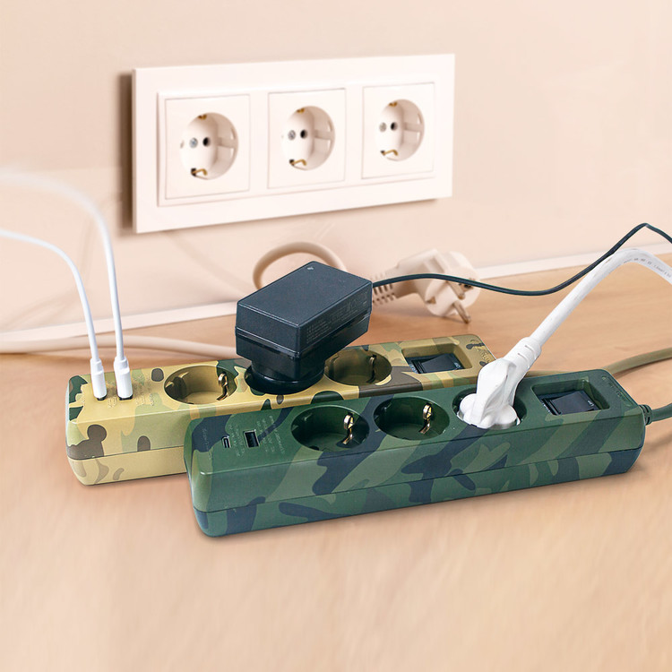러그박스 납작멀티탭 플러그 고용량 멀티콘센트 3구 C타입 USB 1.5m 카모 밀리터리 - 상세 이미지 3