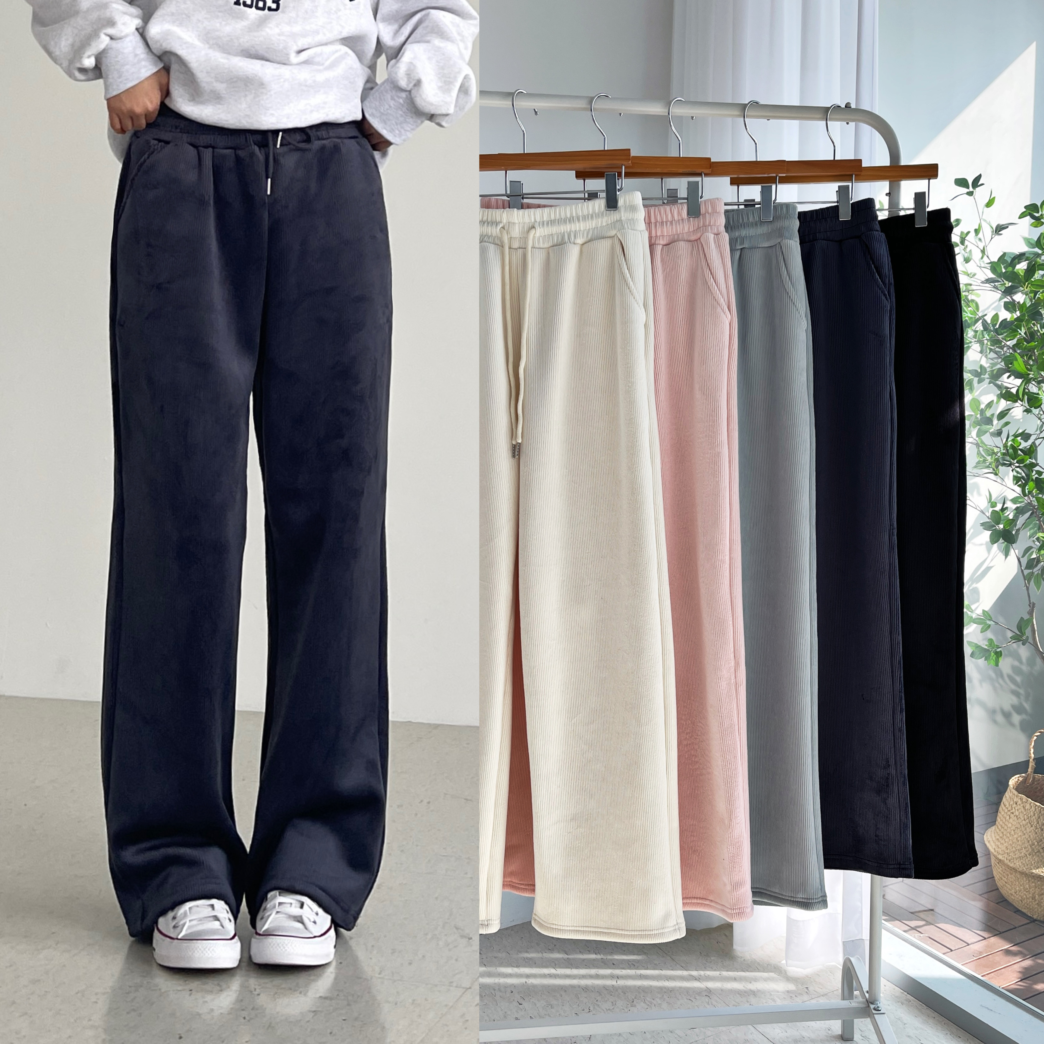 양털기모 코듀로이팬츠 여성 겨울 융골지 벨벳 밴딩 일자 조거 뽀글이 벨루어팬츠 제품 이미지