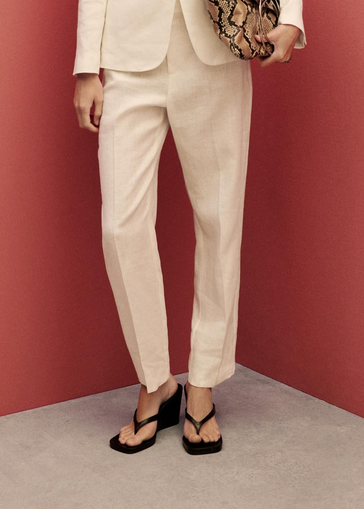 망고 린넨 하이웨이스트 테일러드 슬랙스 팬츠 87087162 BLANCO ROTO - 상품 이미지