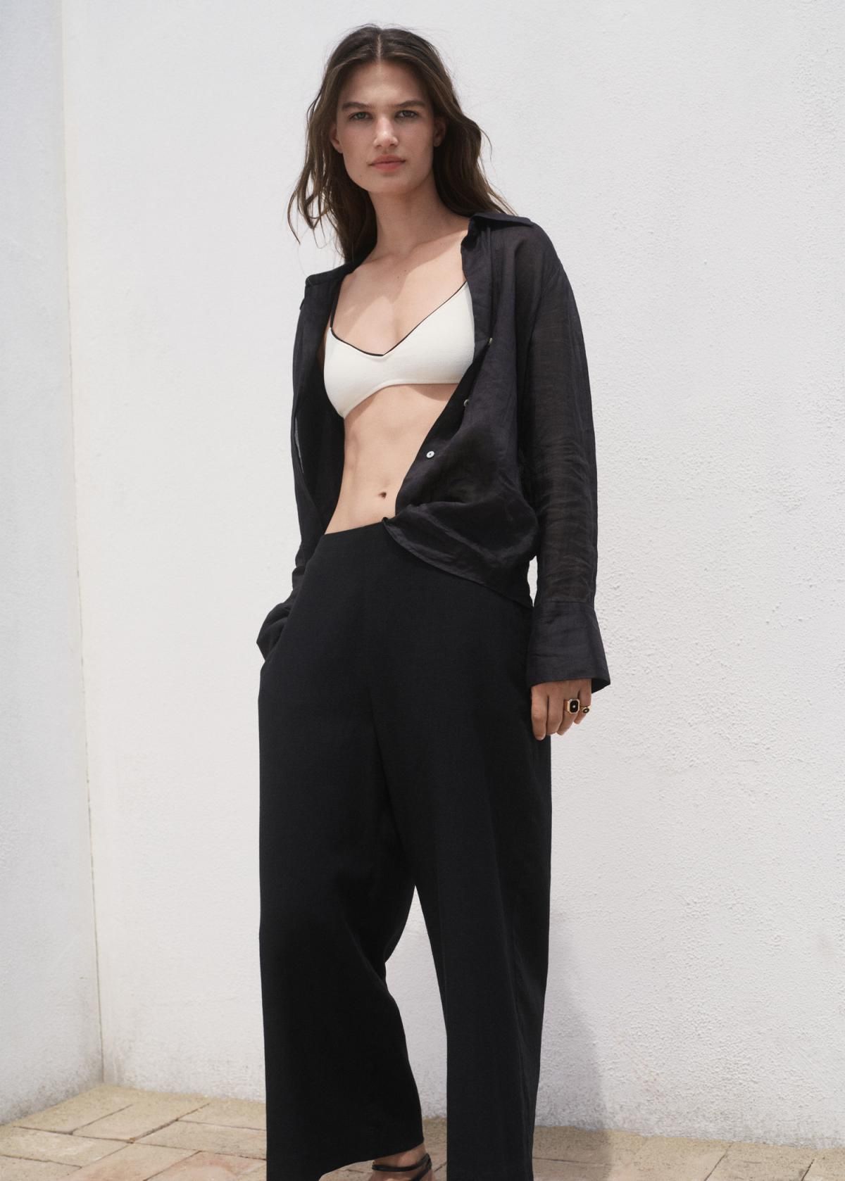 망고 린넨 블렌드 와이드 크롭 팬츠 밴딩 포켓 17081253 NEGRO - 상세 이미지 4