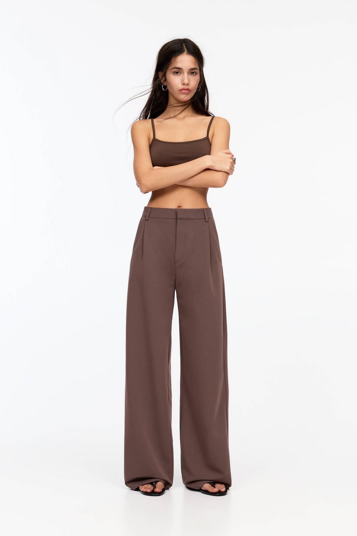 풀앤베어 하이웨이스트 테크니컬 다트 와이드 슬랙스 팬츠 3680/351 BROWN - 상세 이미지 3