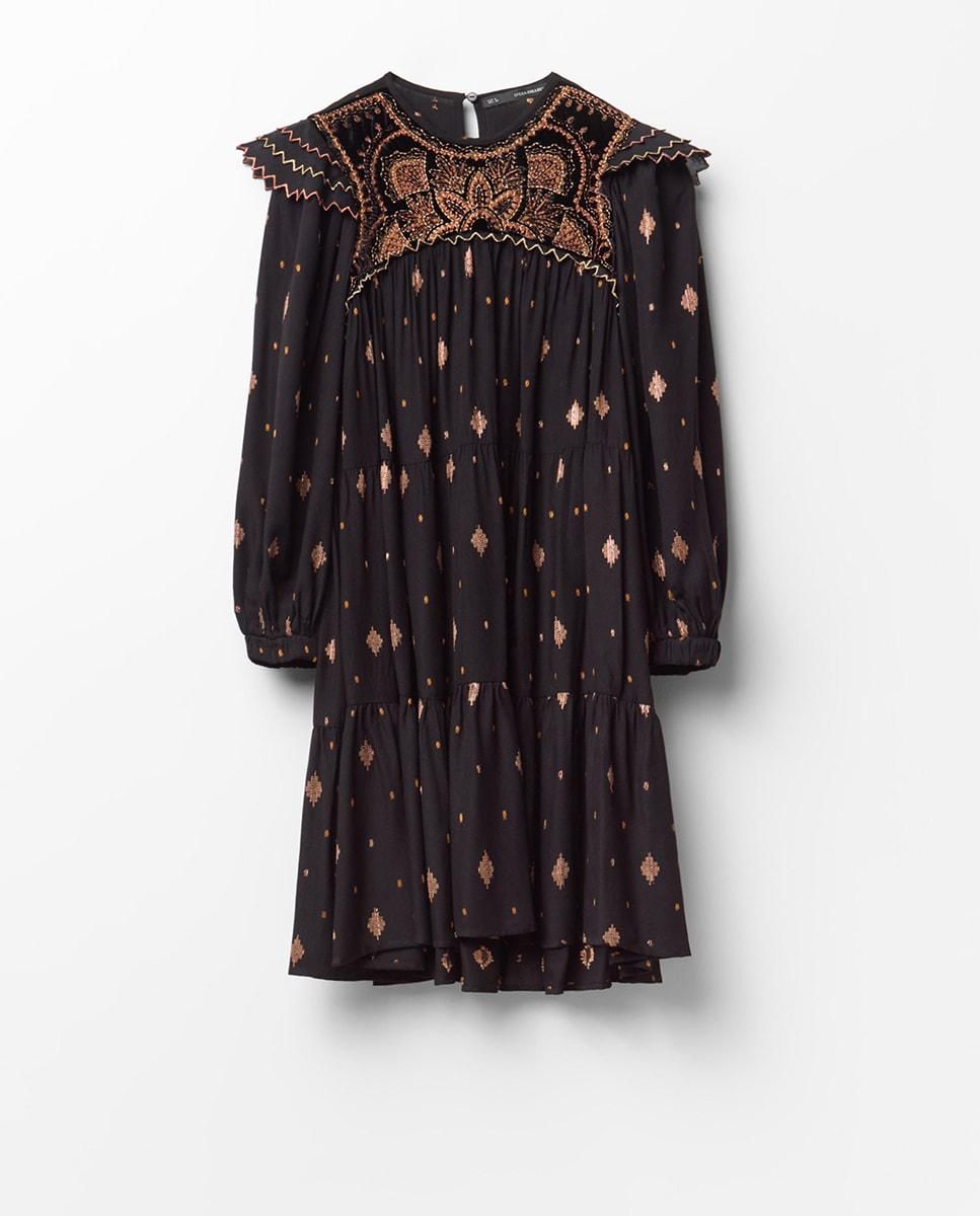 스페라 보헤미안 자수 미니 원피스 라운드넥 퍼프소매 56240008898 NEGRO - 상품 이미지