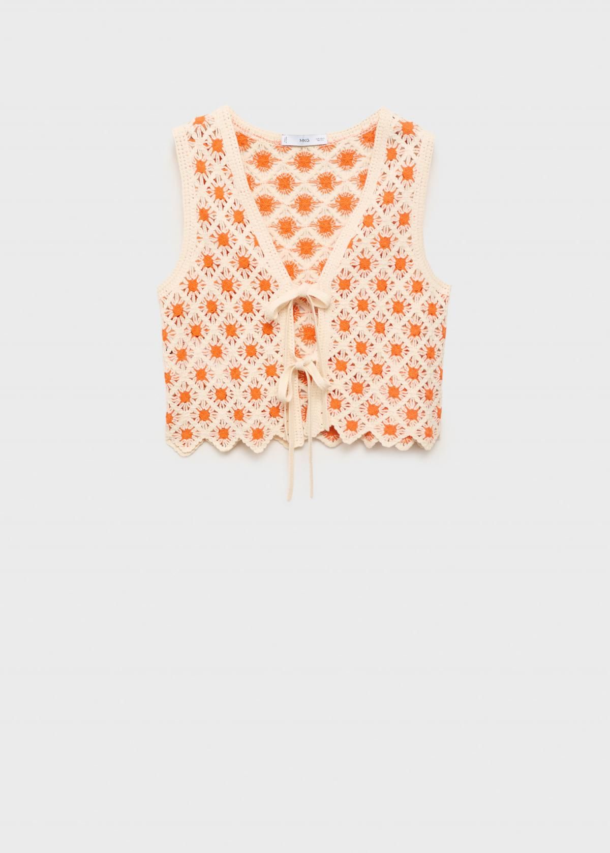 망고 크로셰 스캘럽 브이넥 리본 니트 베스트 17021238 NARANJA - 상품 이미지