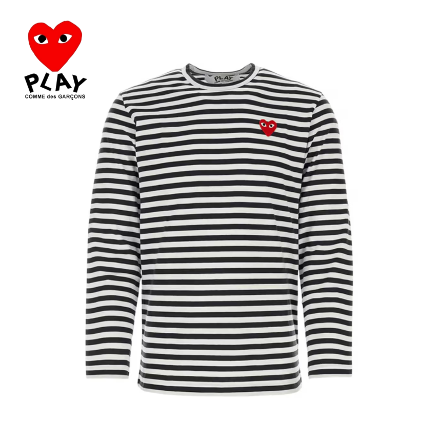 꼼데가르송 24FW 레드 하트 스트라이프 티셔츠 여성 남성 남녀공용 긴팔티 블랙 - 상품 이미지