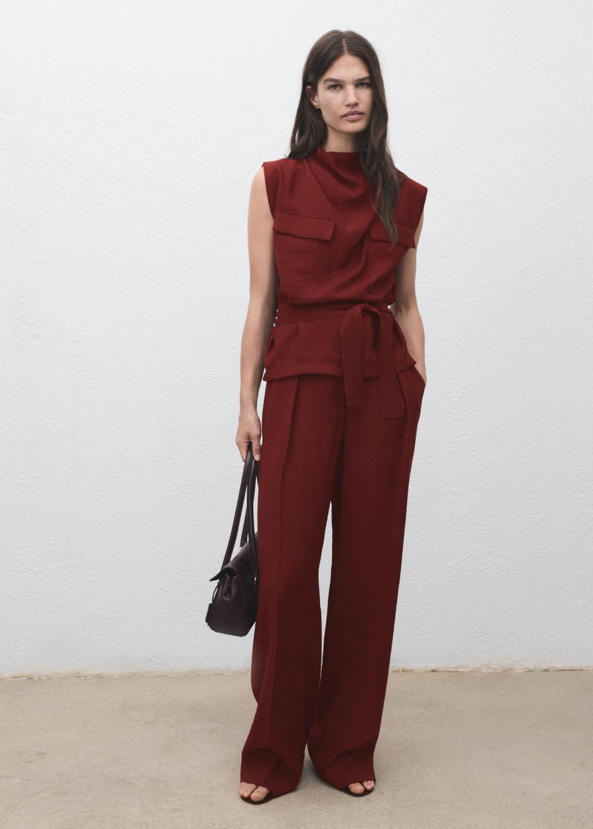 망고 버건디 하이웨이스트 테일러드 와이드 슬랙스 팬츠 17054143 ROJO MEDIO - 상세 이미지 2