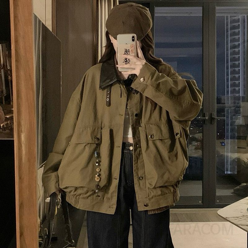 여성 빅사이즈 루즈핏 오버핏 워싱 카라넥 카고포켓 숏 점퍼 자켓 간절기 데일리룩 아우터 가을 - 메인 이미지