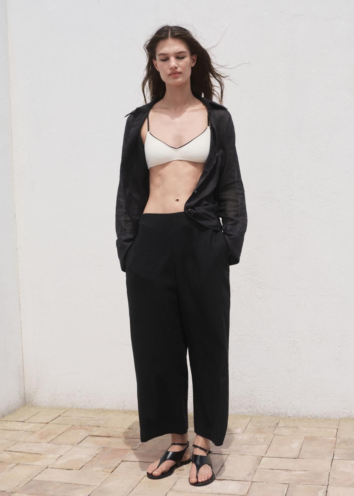 망고 린넨 블렌드 와이드 크롭 팬츠 밴딩 포켓 17081253 NEGRO - 상세 이미지 2