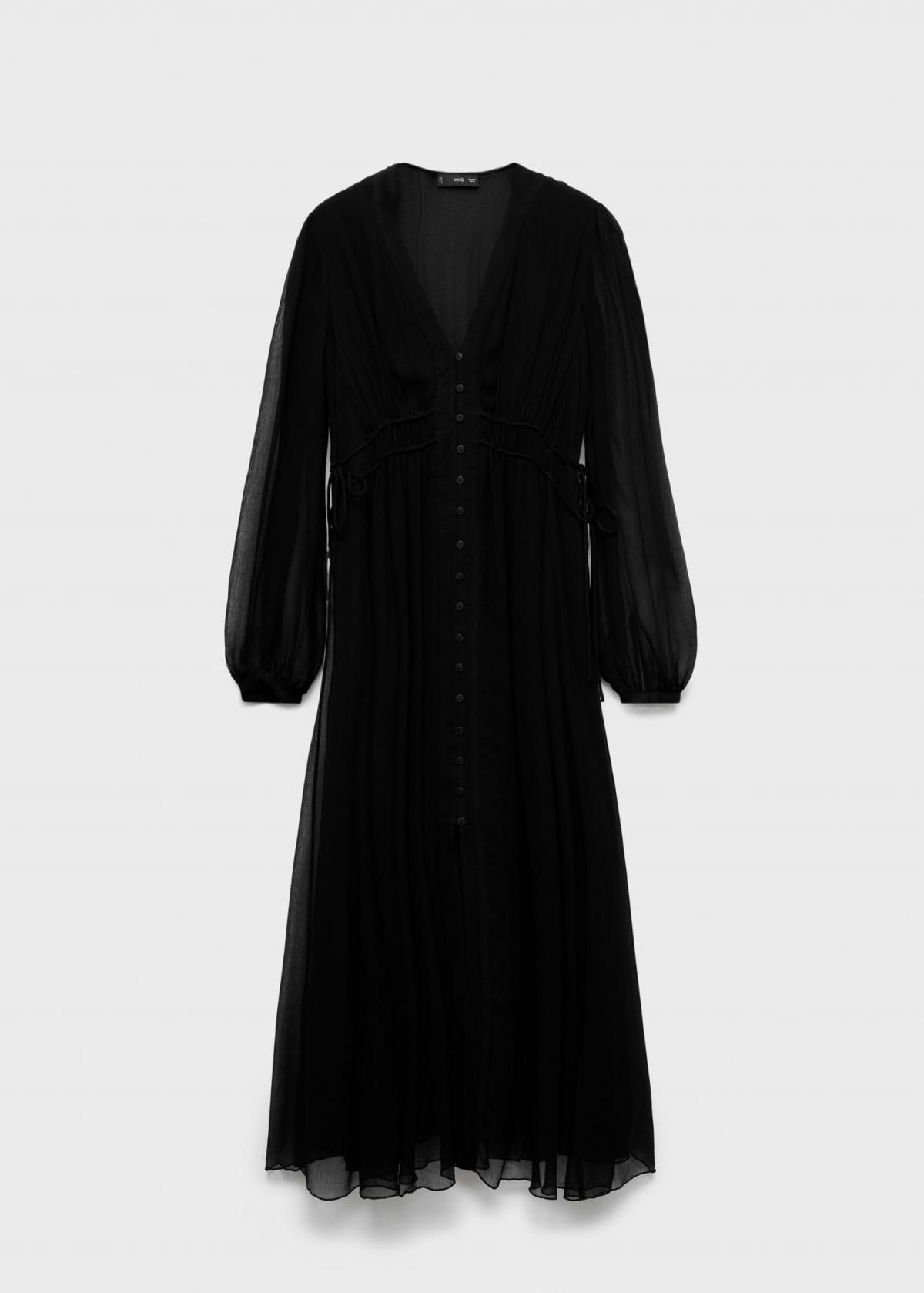 망고 쉬폰 브이넥 퍼프슬리브 블랙 미디 원피스 17015830 NEGRO - 메인 이미지