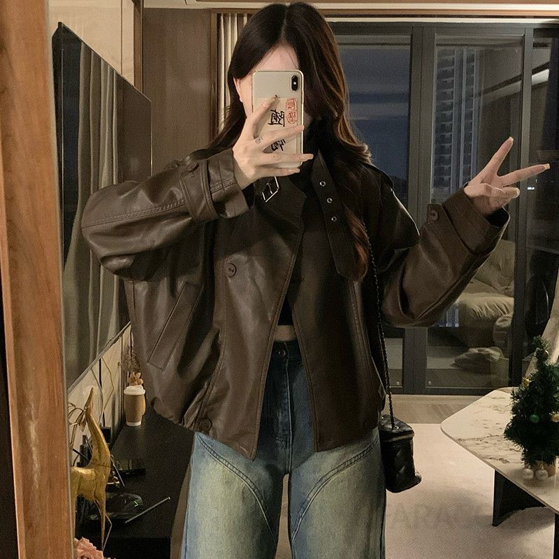 여성 빅사이즈 스탠카라 레더자켓 루즈핏 크롭 아우터 데일리 캐주얼 시크 패션 인조가죽 점퍼 봄 가을 - 메인 이미지