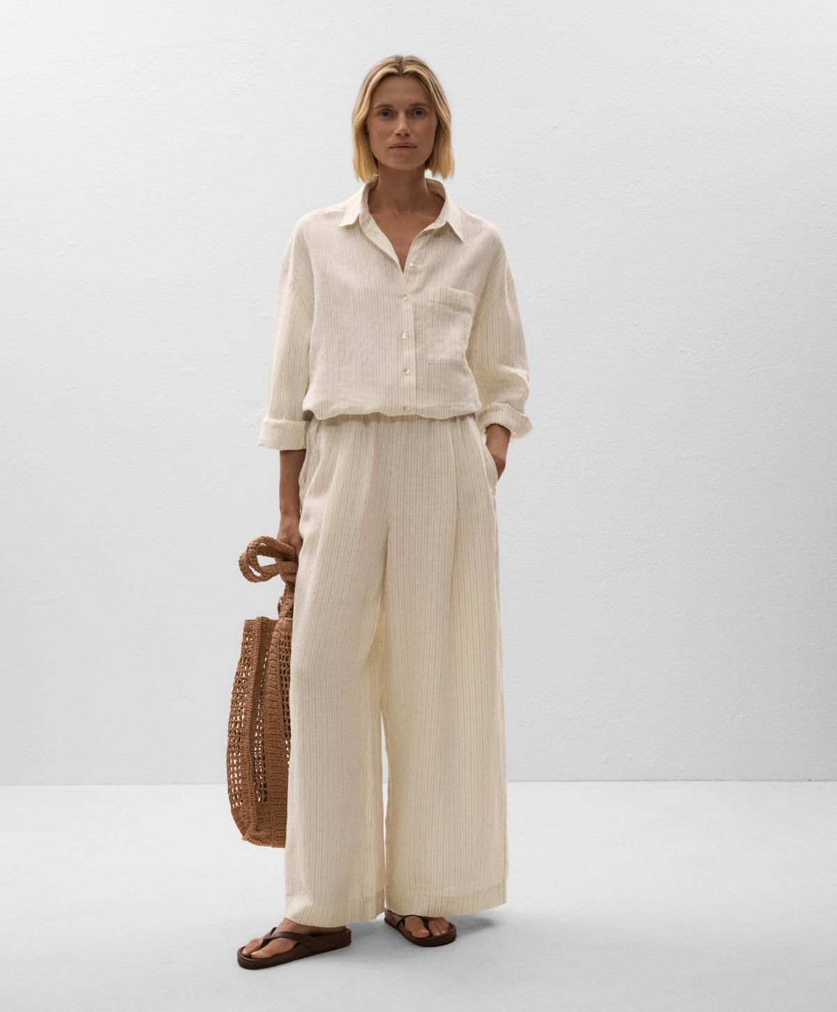 오이쇼 린넨 스트라이프 와이드 팬츠 3364/873 PALEECRU - 상세 이미지 5