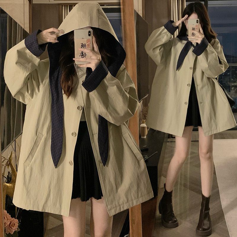 여성 빅사이즈 세일러 카라 탈부착 후드 트렌치 코트 바람막이 자켓 캐주얼 루즈핏 아우터 봄 가을 - 상품 이미지
