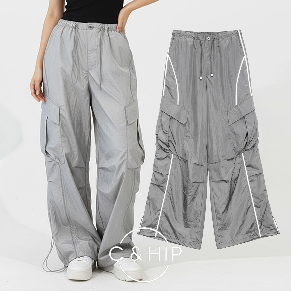 스카치 야광 바스락 바람막이 나일론 유광 글로시 오버핏 트랙 와이드팬츠 (실버/블랙) - 상품 이미지