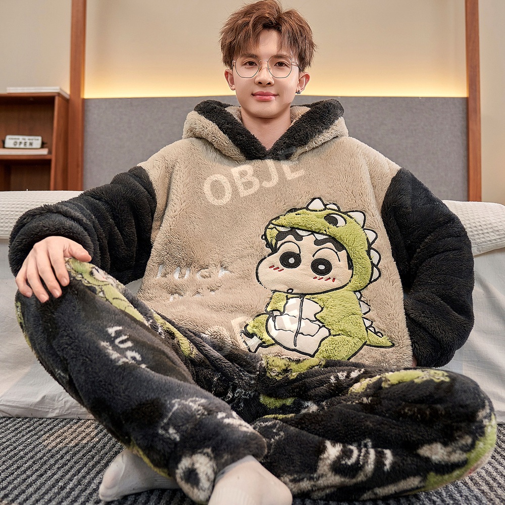 오브제 겨울 홈웨어 상하세트 후드형 남자 여자 잠옷 세트 융털 이미지 6