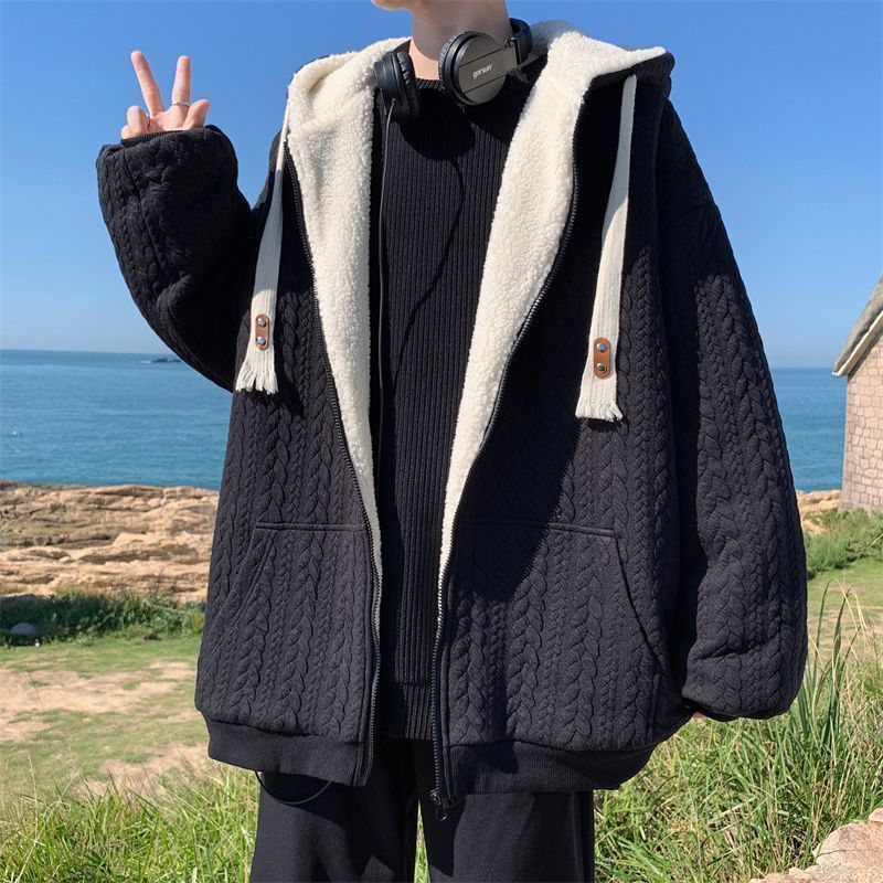 남성 겨울 양털 후 보온 청소년용 두꺼운 아우터 그레이 S - 상세 이미지 3