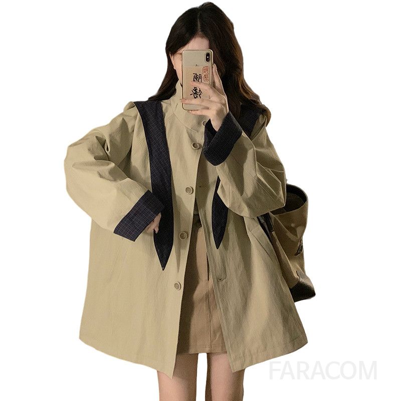 여성 빅사이즈 세일러 카라 탈부착 후드 트렌치 코트 바람막이 자켓 캐주얼 루즈핏 아우터 봄 가을 - 상세 이미지 5