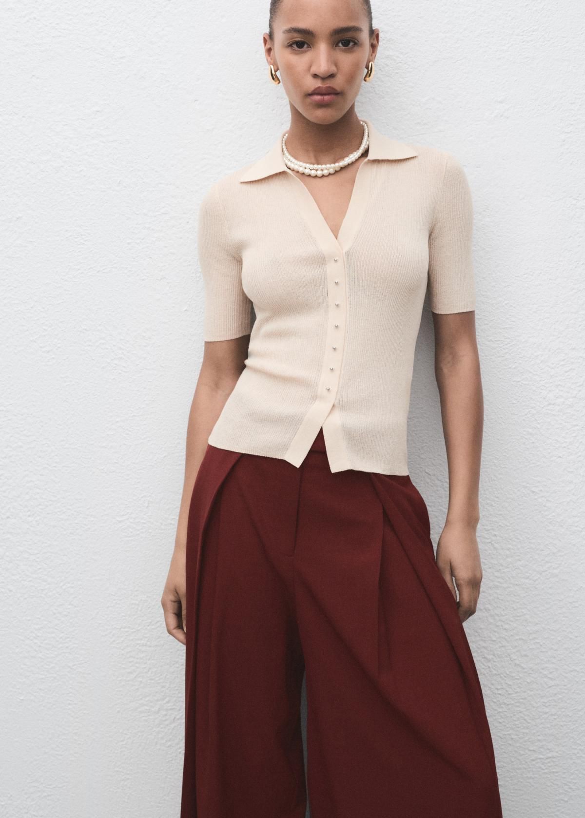 망고 버건디 플리츠 테일러드 와이드 슬랙스 팬츠 17024120 PIMENTON - 상세 이미지 4