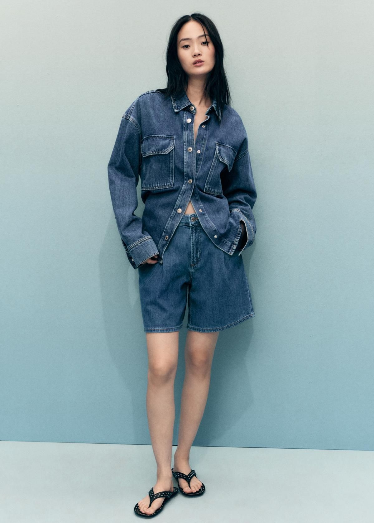 망고 데님 미드웨이스트 핀턱 반바지 17061208 AZUL MEDIO - 상세 이미지 3