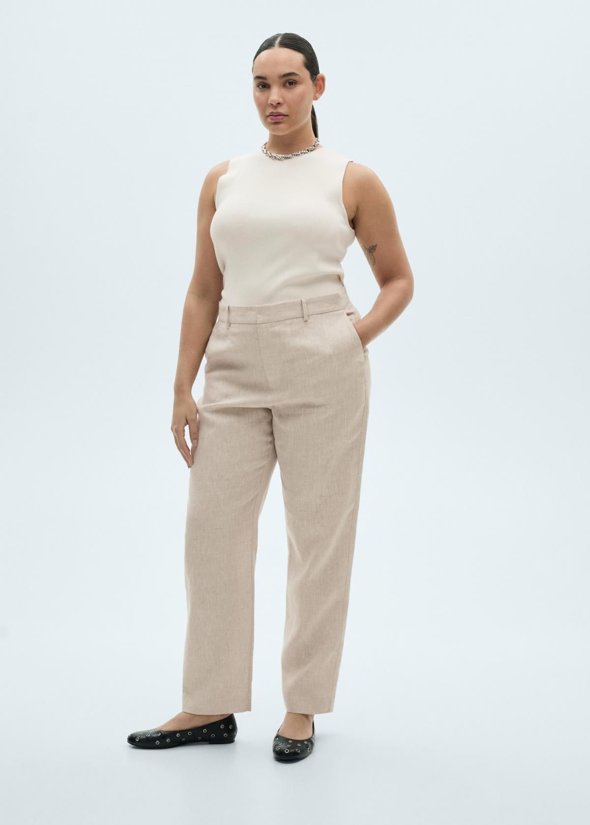 망고 린넨 테일러드 하이웨이스트 슬랙스 팬츠 87087162 GRIS CLARO/PASTEL - 상세 이미지 5