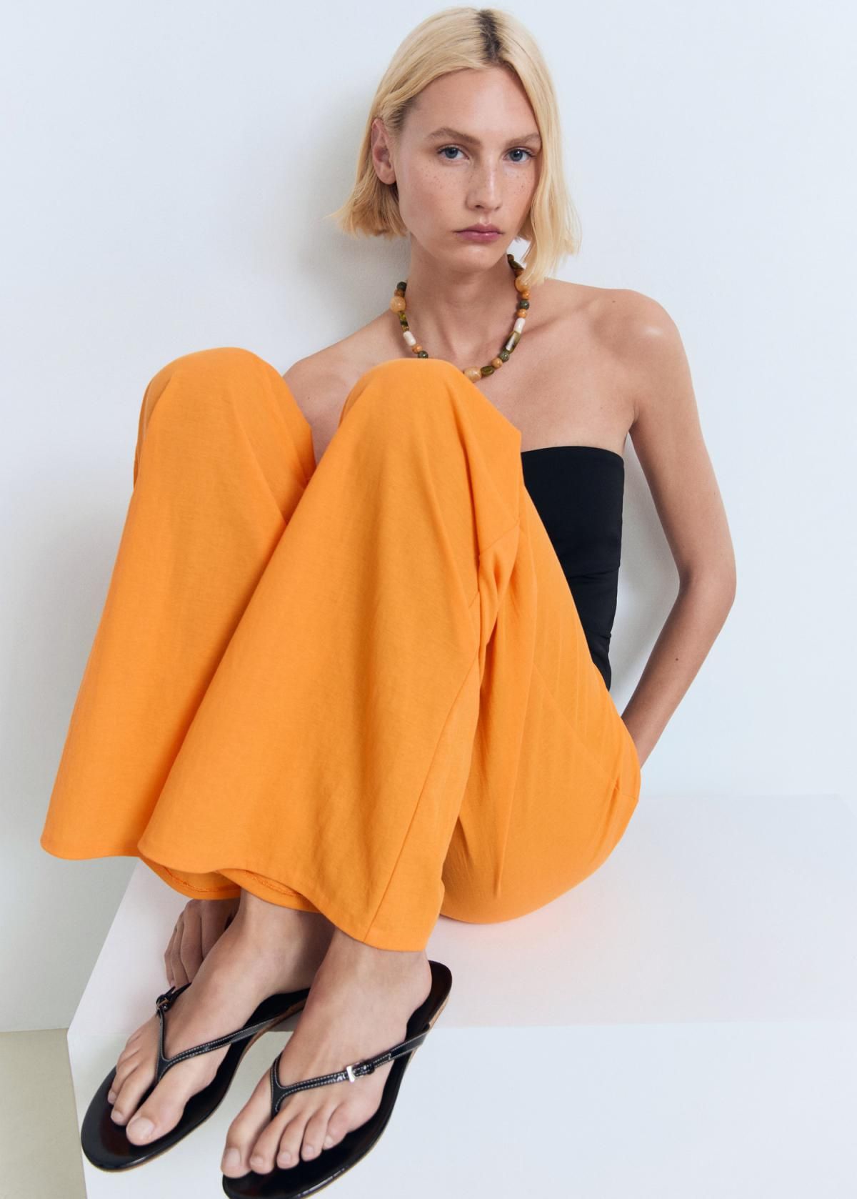 망고 플루이드 슬림핏 와이드 오렌지 밴딩 팬츠 17051238 NARANJA - 상세 이미지 5