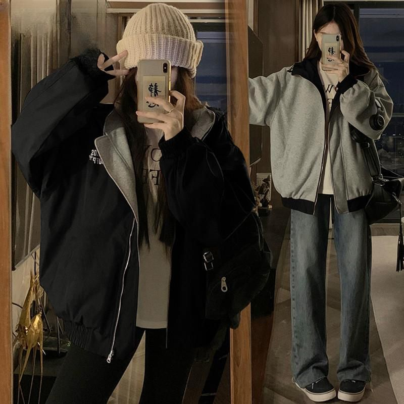 여성 빅사이즈 양면 후드 집업 재킷 점퍼 오버핏 루즈핏 간절기 바람막이 캐주얼 데일리 스타일 아우터 봄 가을 - 메인 이미지