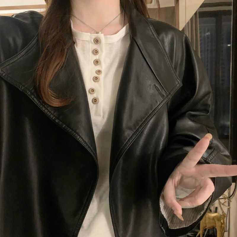 여성용 가을 블랙 레더 라이더자켓 중간 길이 가죽자켓 출근룩 하객룩 매칭 가능한 트렌디한 디자인 - 상세 이미지 3
