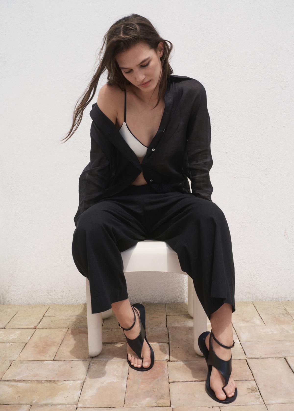 망고 린넨 블렌드 와이드 크롭 팬츠 밴딩 포켓 17081253 NEGRO - 상세 이미지 5