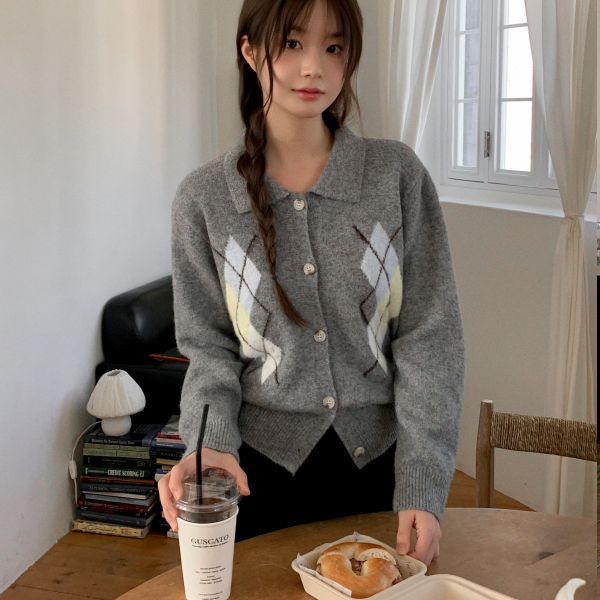 [울함유] 아가일 체크 카라 울 니트 가디건 cd3467 제품 이미지
