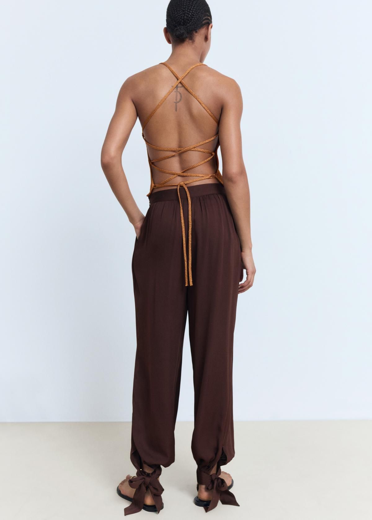 망고 엘라스틱 벌룬핏 리본 와이드 팬츠 브라운 17012541 CHOCOLATE - 상세 이미지 3
