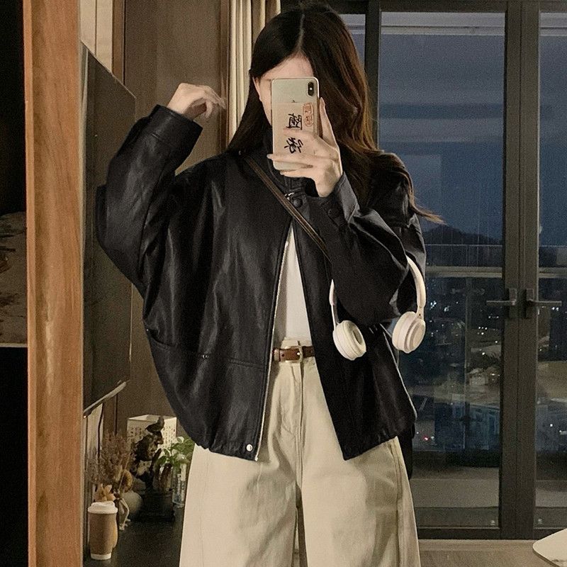 여성 빅사이즈 스탠드넥 빈티지 레더 자켓 오버핏 크롭 루즈핏 간절기 가을 아우터 점퍼 - 상세 이미지 4