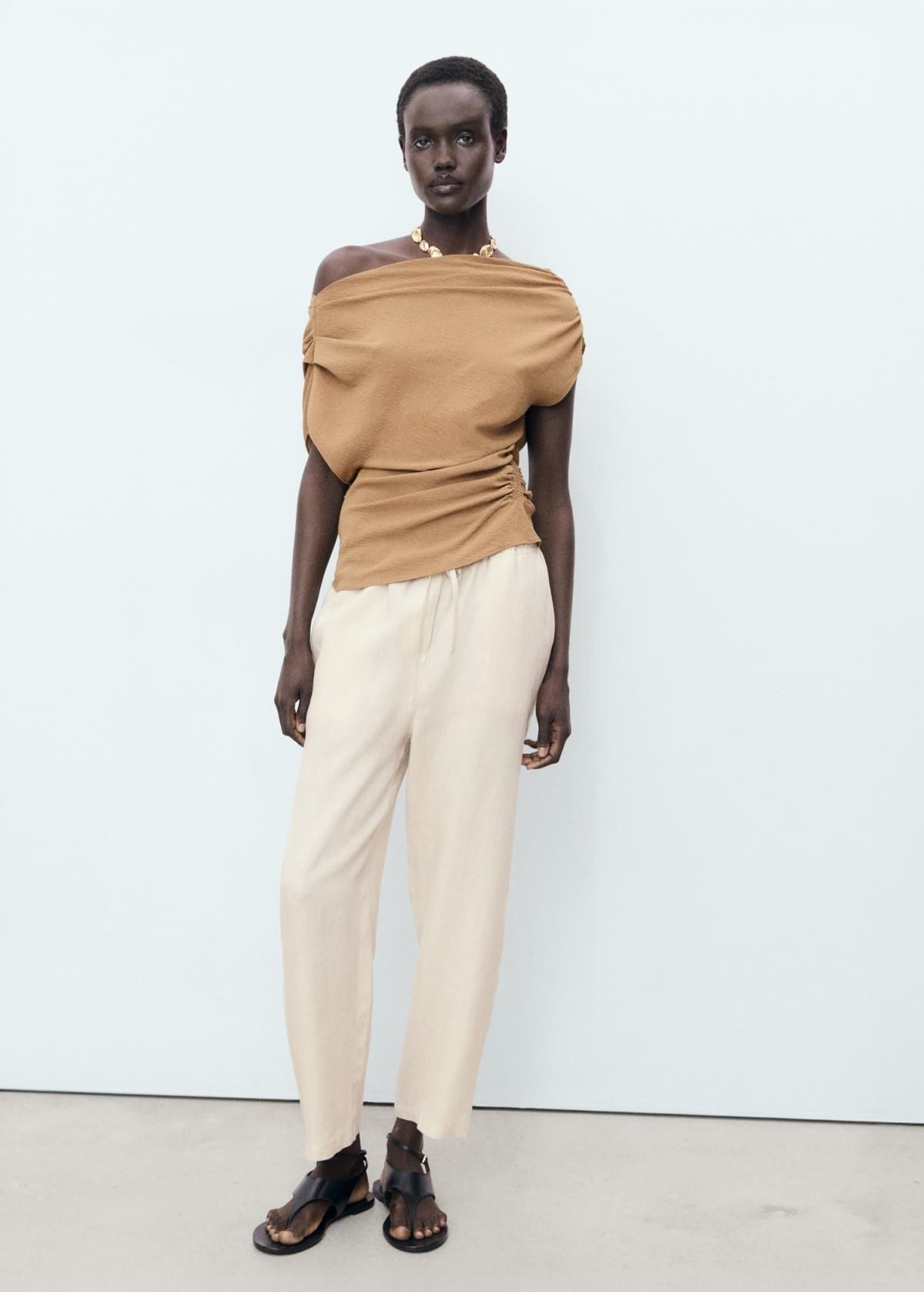 망고 린넨 하이웨이스트 밴딩 와이드 팬츠 17091162 GRIS CLARO/PASTEL - 상세 이미지 2