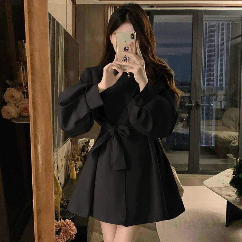 여성 빅사이즈 라운드넥 벨티드 플레어 자켓 원피스 퍼프소매 A라인 코트 하객룩 오피스룩 봄 가을 - 상세 이미지 4