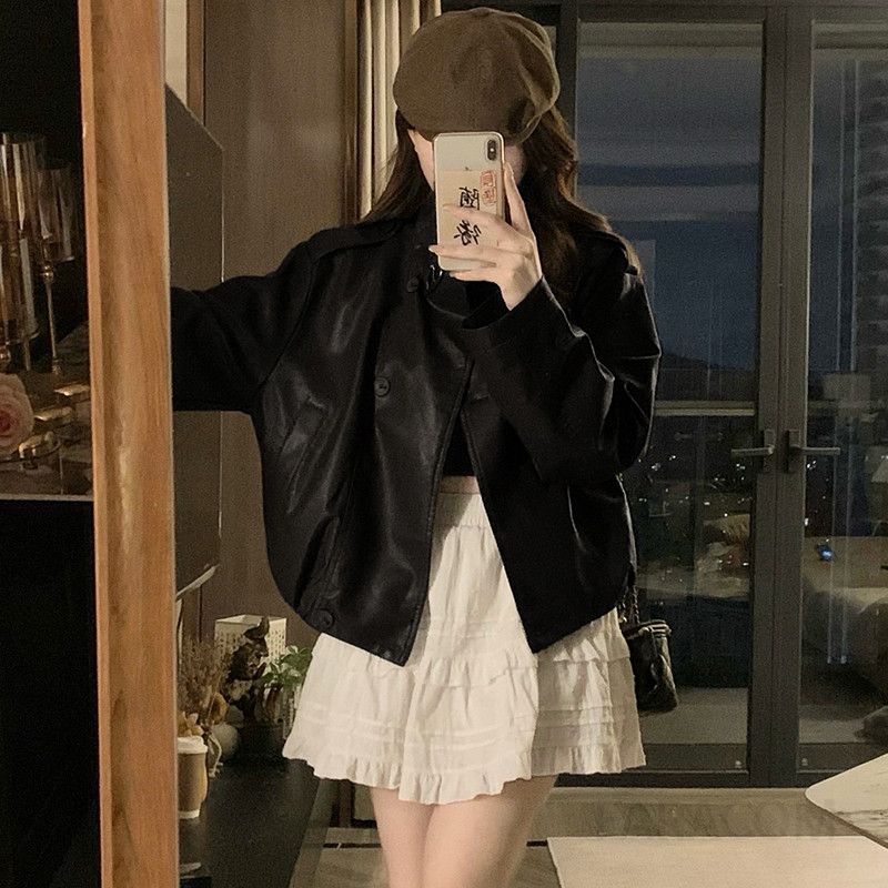여성 빅사이즈 스탠카라 레더자켓 루즈핏 크롭 아우터 데일리 캐주얼 시크 패션 인조가죽 점퍼 봄 가을 - 상세 이미지 4