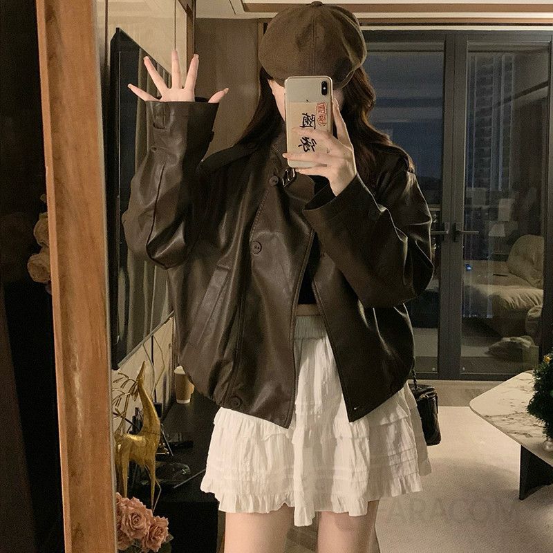 여성 빅사이즈 스탠카라 레더자켓 루즈핏 크롭 아우터 데일리 캐주얼 시크 패션 인조가죽 점퍼 봄 가을 - 상세 이미지 3
