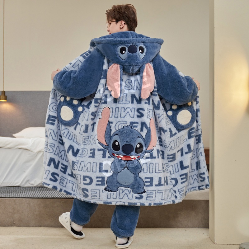 오브제 따뜻한 양털 플리스 파자마 로브 가운 팬츠 세트 커플 겨울 수면 잠옷 이미지 6