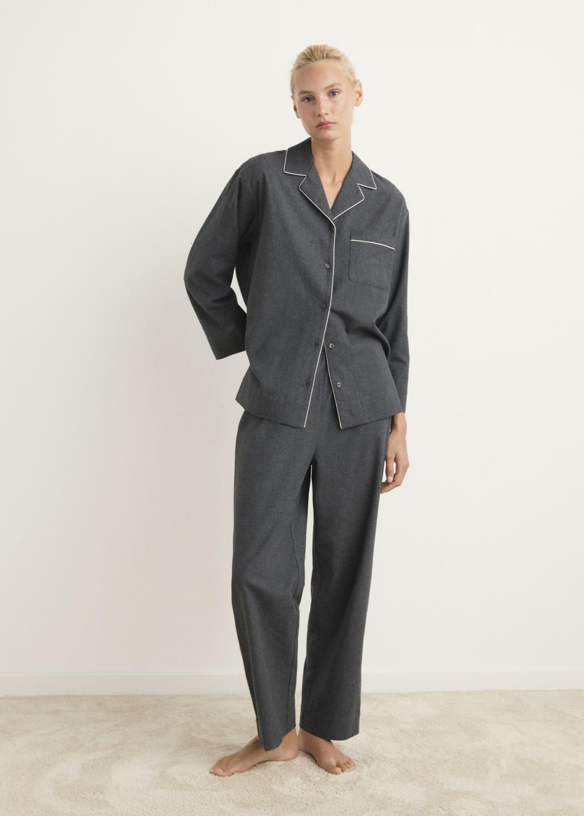 망고 테크니컬 멜란지 플란넬 코튼 파이핑 팬츠 17017130 GRIS ANTRACITA - 상세 이미지 3