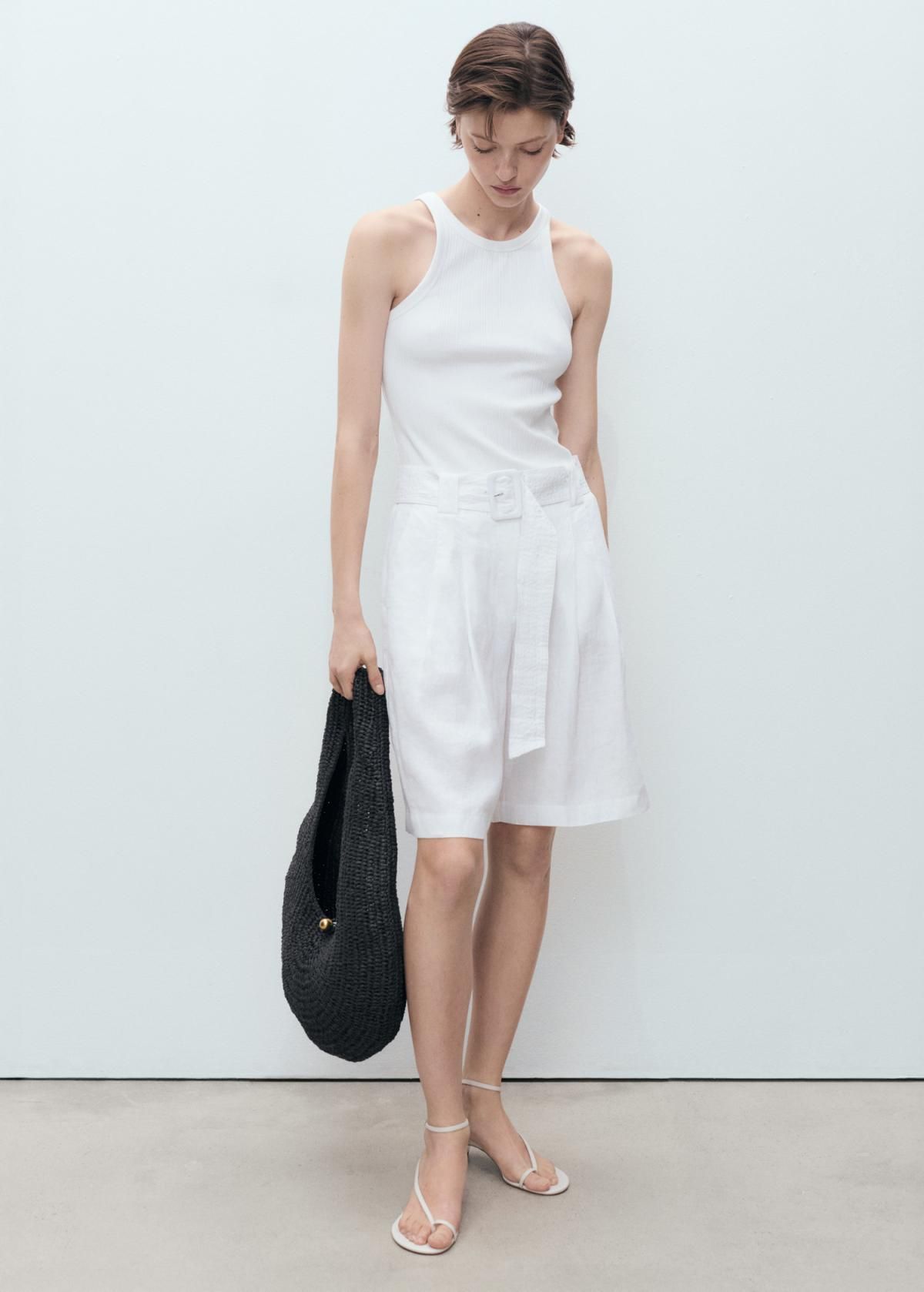 망고 린넨 하이웨스트 벨트 반바지 17031126 BLANCO - 상세 이미지 3