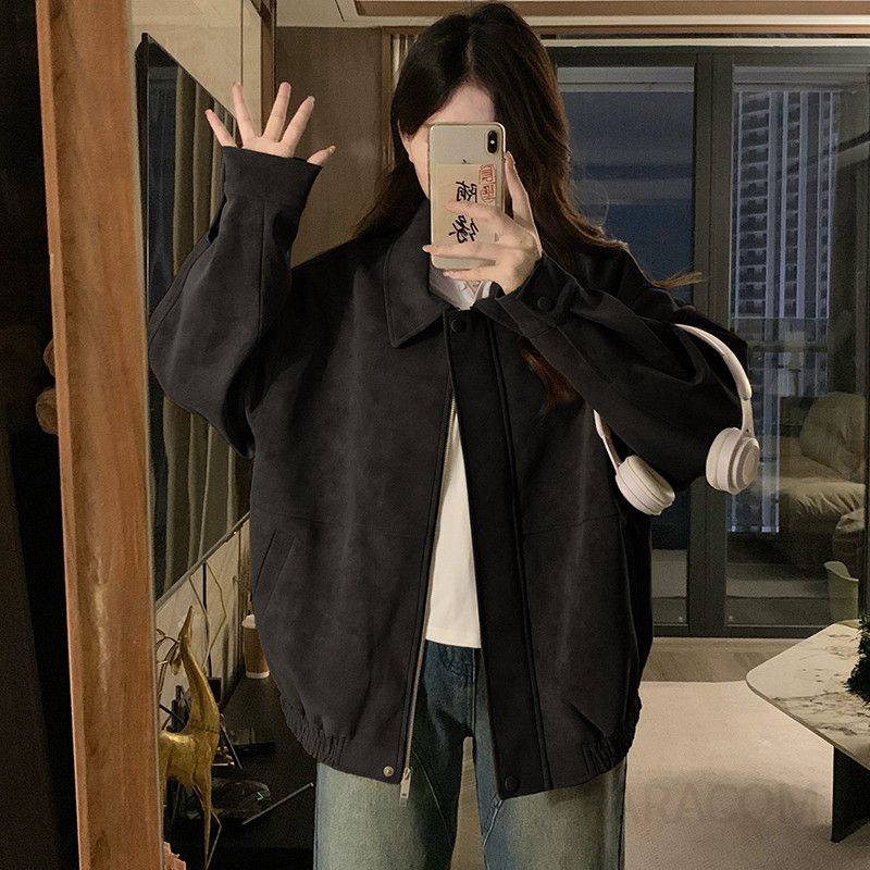 여성 오버핏 루즈핏 차이나 카라 집업 스웨이드 자켓 점퍼 밴딩 밑단 데일리룩 빅사이즈 봄 가을 캐주얼 아우터 - 상세 이미지 5