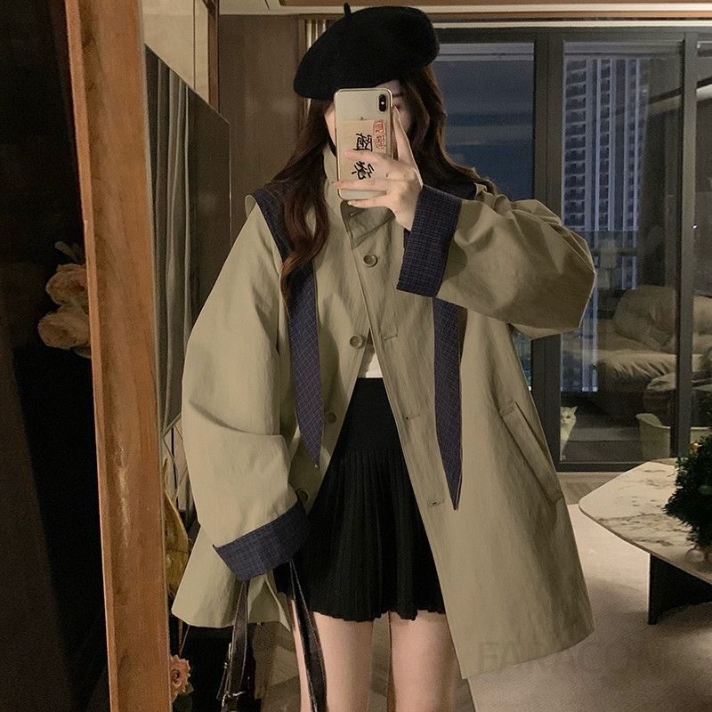 여성 빅사이즈 후드 탈부착 체크 배색 와이드 소매 루즈핏 카라 트렌치코트 간절기 바람막이 오버핏 아우터 가을 - 상세 이미지 2