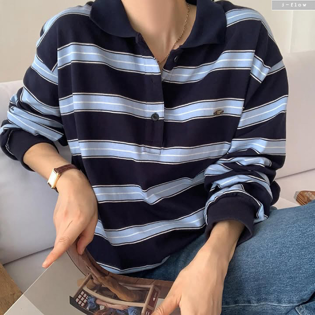 포네 루즈핏 카라넥 단가라 럭비 맨투맨 5color 봄 가을 스트라이프 하프 제이플로우 이미지 8