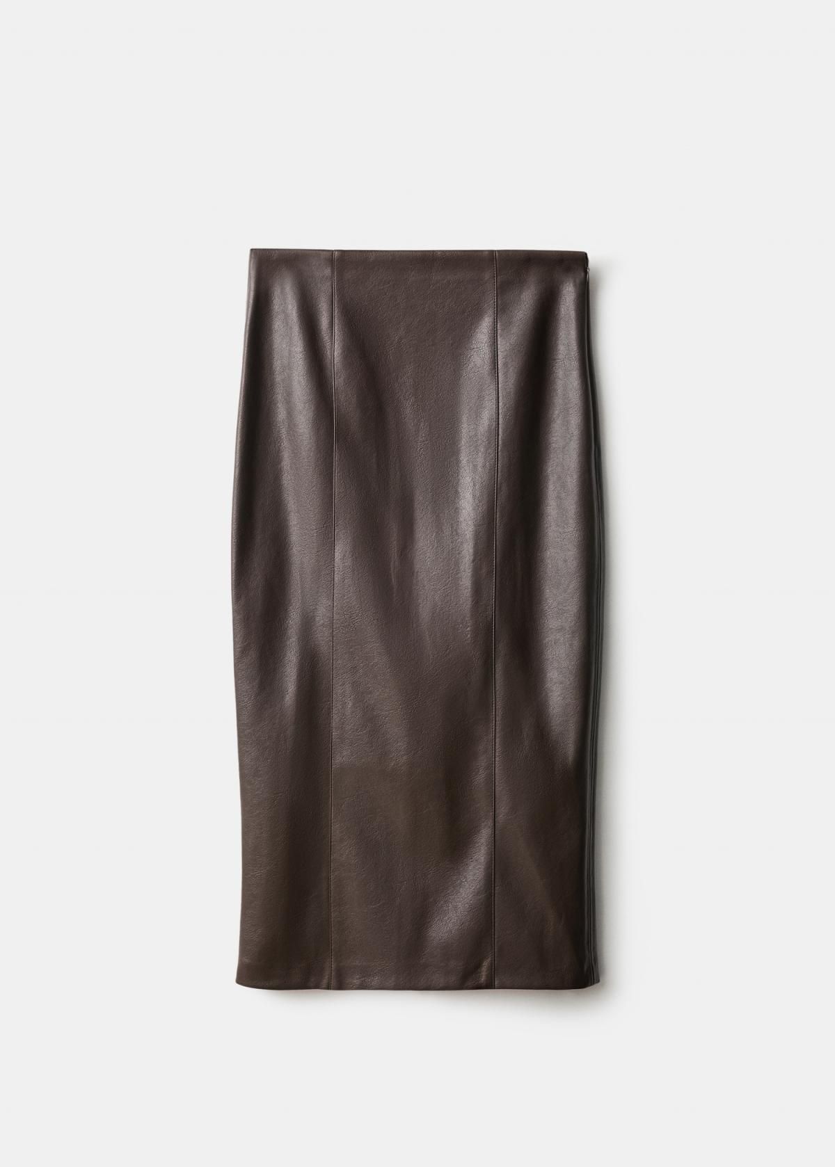 망고 레더 이펙트 페미닌 미디 펜슬 스커트 17037779 CHOCOLATE - 상품 이미지