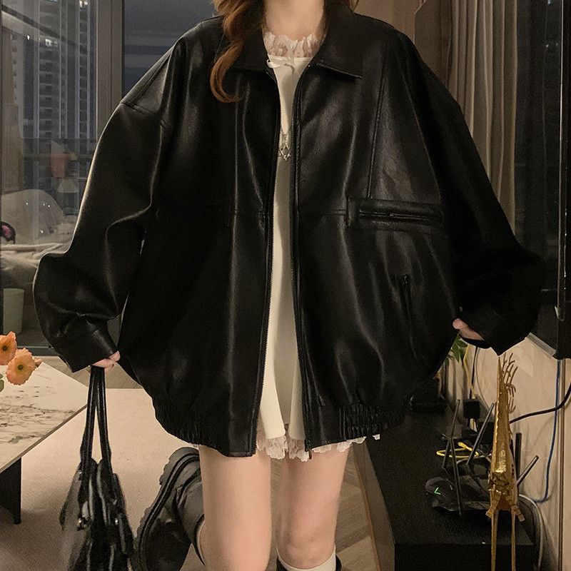 여성 빅사이즈 오버핏 루즈핏 빈티지 PU 레더 가죽 자켓 점퍼 야상 항공 아우터 간절기 데일리룩 봄 가을 - 상세 이미지 5