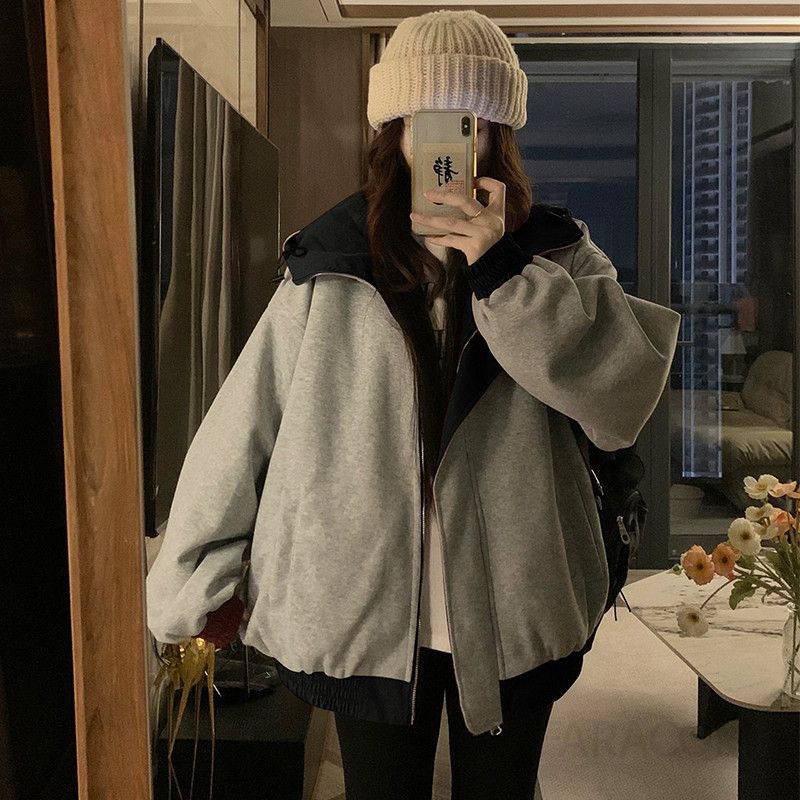 여성 빅사이즈 양면 후드 집업 재킷 점퍼 오버핏 루즈핏 간절기 바람막이 캐주얼 데일리 스타일 아우터 봄 가을 - 상세 이미지 5