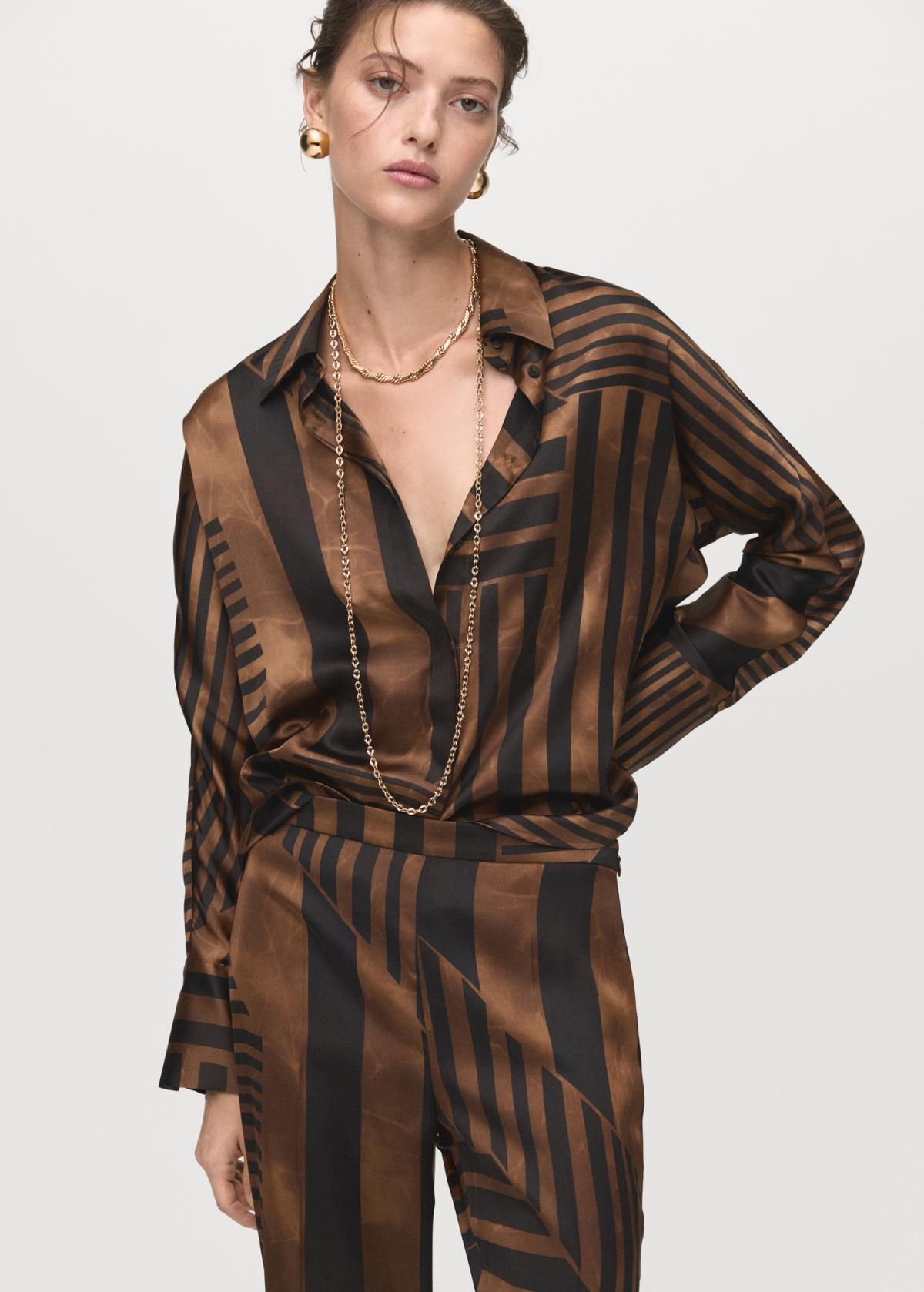 망고 새틴 스트라이프 하이웨이스트 와이드 팬츠 17065828 MARRON - 상세 이미지 4