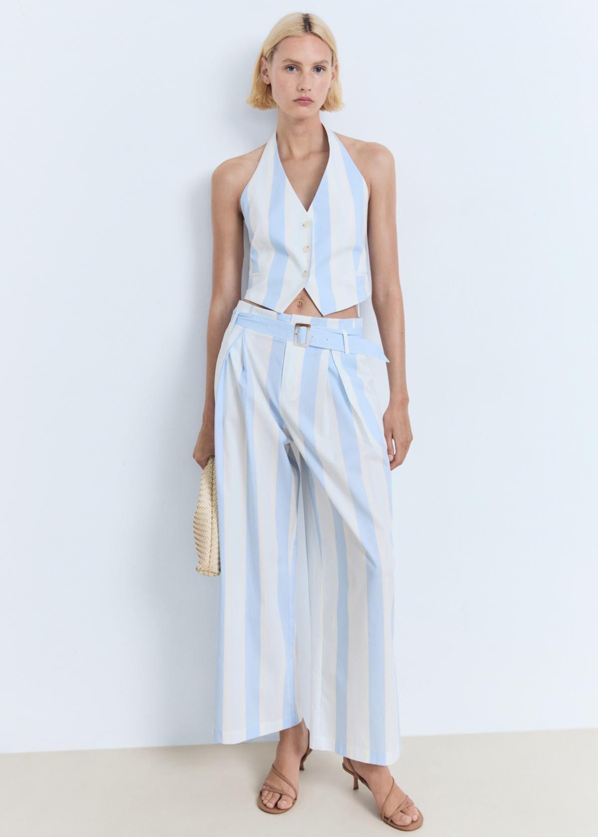 망고 스트라이프 와이드핏 코튼 벨트 큐롯 팬츠 17031156 AZUL CELESTE - 상세 이미지 2