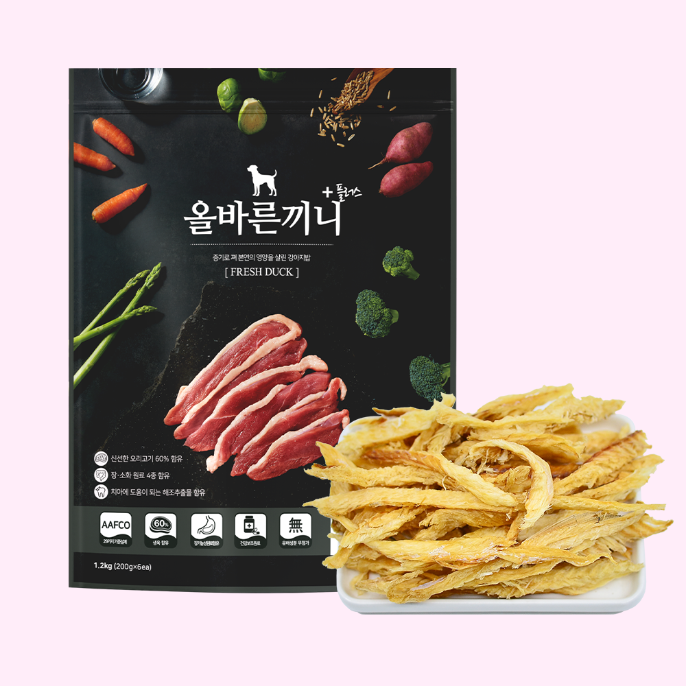 올바른끼니 오리 본품 + 바삭황태포 강아지사료 안먹을때 눈물 기호성 좋은 개사료 간식 혼합 세트 - 상품 이미지