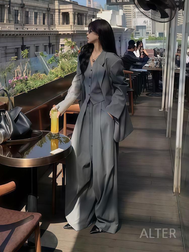 여성쓰리피스 가을수트 정장 세트 와이드팬츠 그레이 롱재킷 - 상세 이미지 2