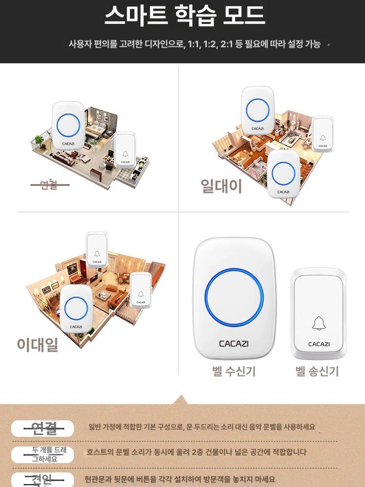 초인종 무선 현관 스마트도어벨 알림벨 초인벨 알림 도어차임벨 병원 인터폰 호출 차임벨 화이트 버튼1개+벨1개 - 상세 이미지 2